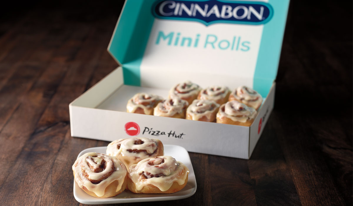 pizzahut_1 Miniature Cinnamon Rolls Made With Cinnabon Makara Cinnamon Swirls, Topped With Cinnabon Signature Cream Cheese Frosting