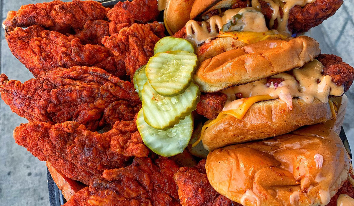 A Platter Of Chicken Tenders And Sandwiches At Dave's Hot Chicken Restaurant