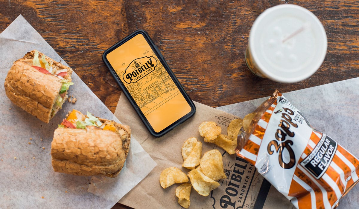 Potbelly Food And Phone With A Potbelly App Open.