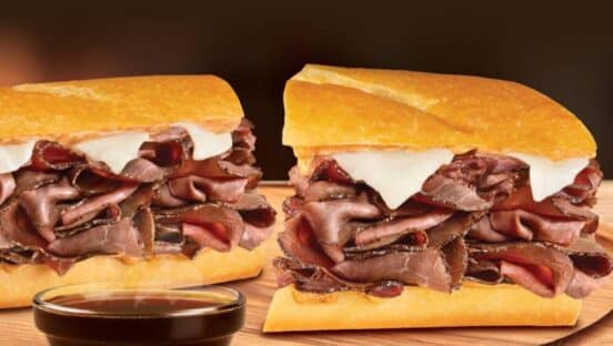 The French Dip is crafted with fresh artisan bread, piled high with a quarter pound of roast beef, and smothered with  provolone cheese and chipotle mayo.