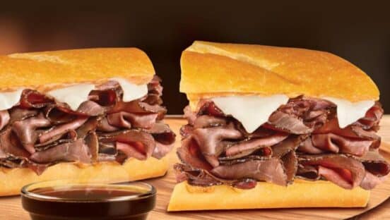 The French Dip is crafted with fresh artisan bread, piled high with a quarter pound of roast beef, and smothered with  provolone cheese and chipotle mayo.