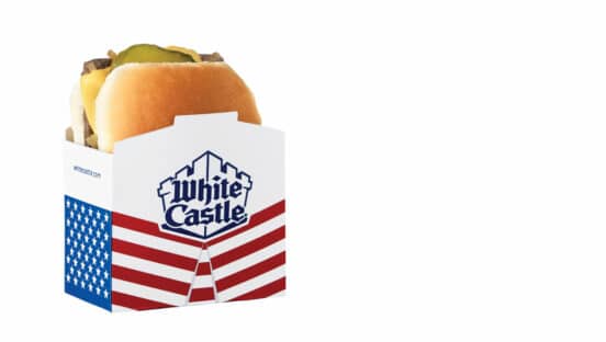 A picture of a White Castle Slider in patriotic packaging.