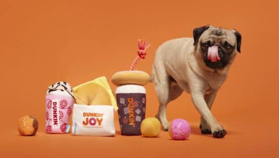 A dog beside some of Dunkin's dog toys.