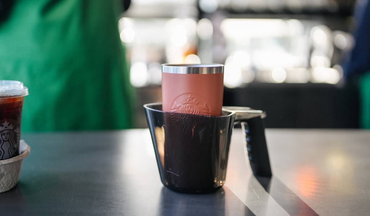 A reusable Starbucks cup.