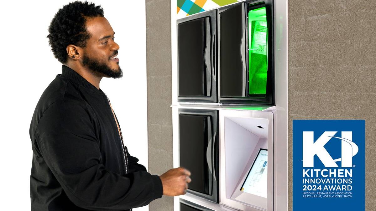 A customer using the Smart Food Locker from Apex Order Pickup Solutions.