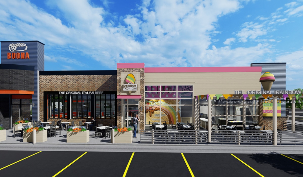 A rendering of a co-branded location of Buona and The Original Rainbow Cone.