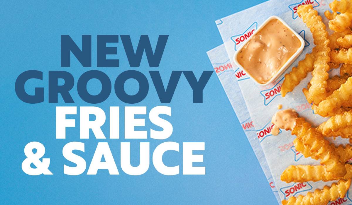 A graphic showcasing Sonic's new Groovy Fries and Groovy Sauce.