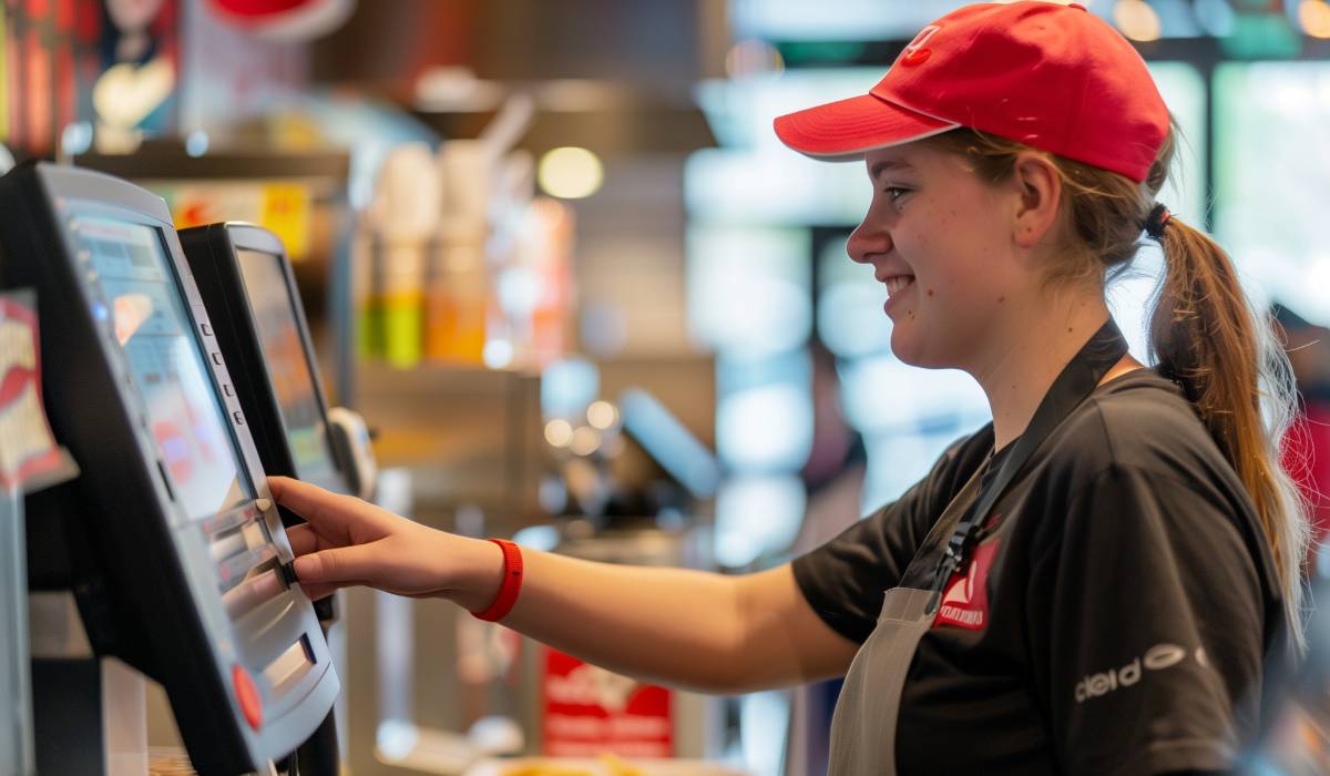 Fast-food employee using a screen.