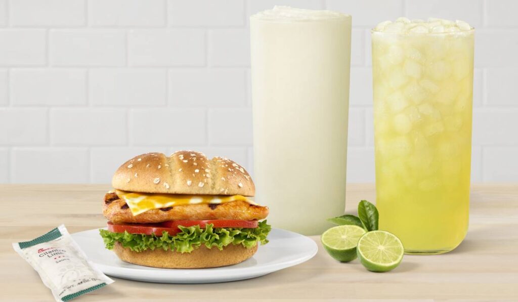 Chick-fil-A Spicy Grilled Deluxe and drinks.