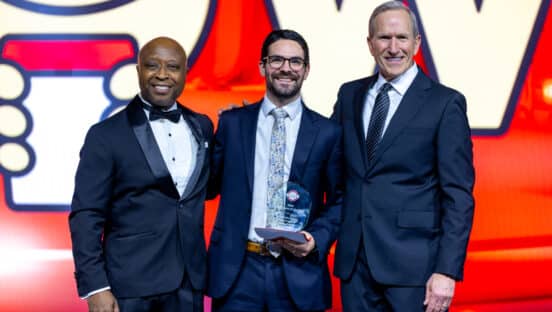 From left: Joe Thornton, Scooter's Coffee CEO; Fischer Van Handel, Franchisee; Don Eckles, Scooter's Coffee Co-Founder. Not pictured: Ryan Scoggin, Franchisee, and Stan Buncher, Franchisee.