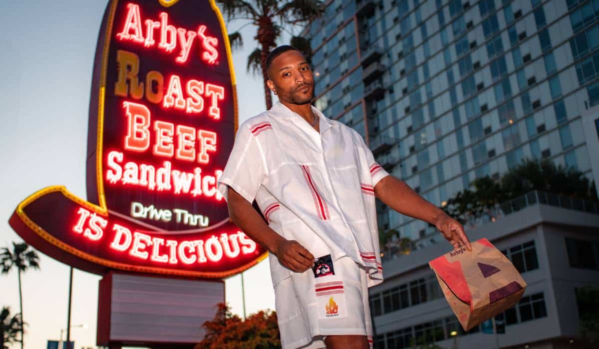 Model wearing Arby's 13 Hour Drip Fit.