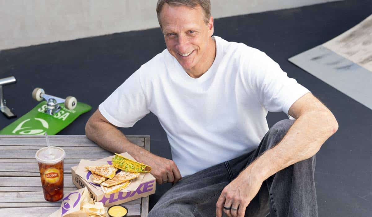 Tony Hawk with Taco Bell food.