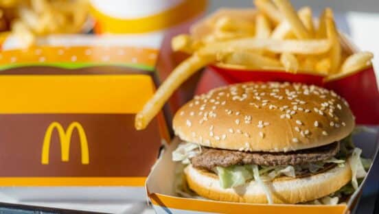 McDonald's burger and fries on a tray.