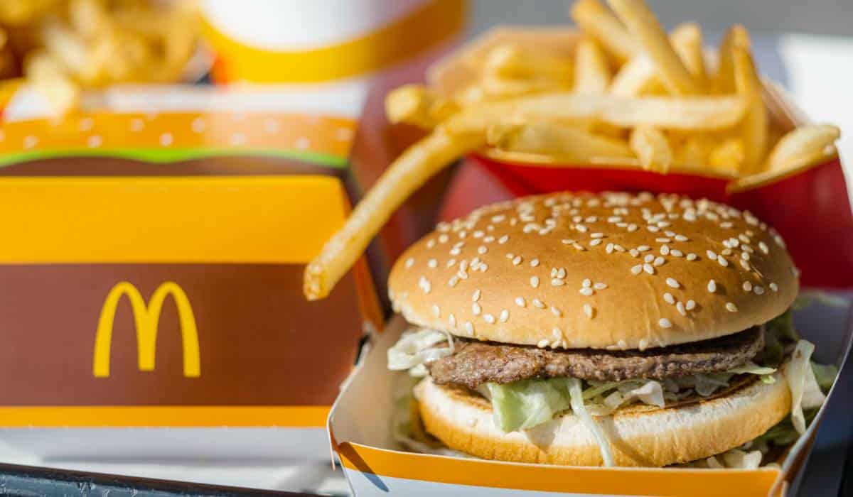 McDonald's burger and fries on a tray.