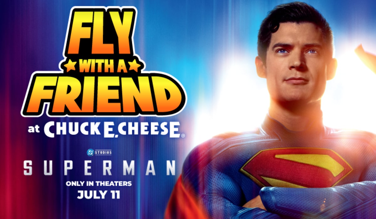 Chuck E. Cheese and Superman graphic.
