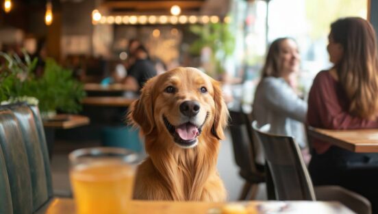 Ai generated photo of a dog inside a restaurant.