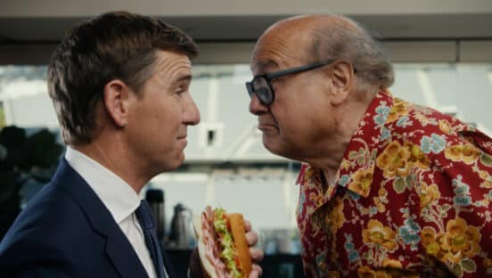 Jersey Mike's spokespeople Eli Manning (left) and Danny DeVito.