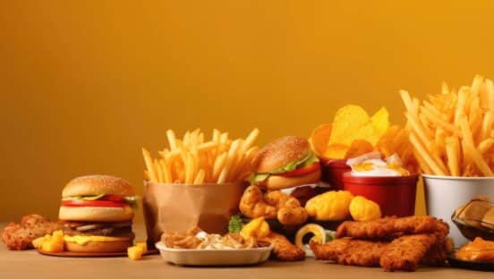 Fast food array of food on yellow background.