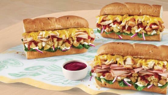 All three subs come piled high with Monterey Cheddar cheese, spinach, red onions, mayo and Subway’s new stuffing and cranberry sauce.