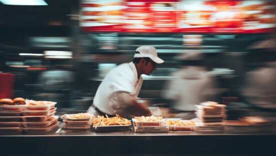 Fast-food restaurant and employee with blurred background.