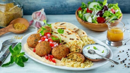 Platter of food from The Great Greek Mediterranean Grill.
