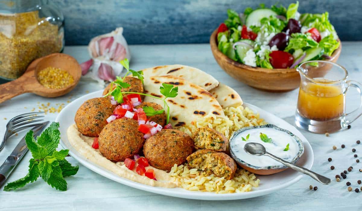 Platter of food from The Great Greek Mediterranean Grill.