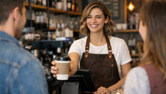 Barista handing coffee to customer.