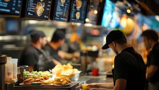 Busy QSR restaurant with a blurred background.