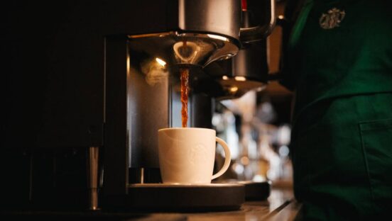 Starbucks coffee out of a machine.