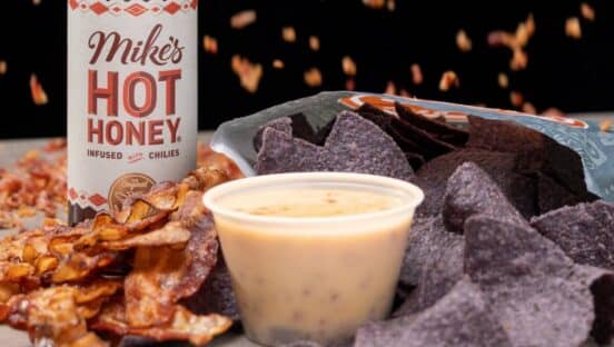 Papa Johns along with Mike's Hot Honey and queso.