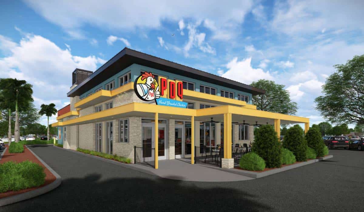 Refreshed exterior of PDQ restaurant.