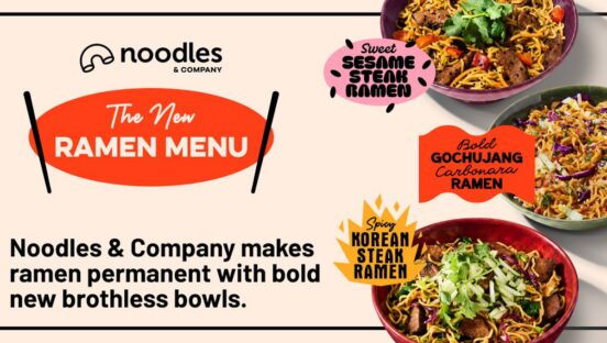 A graphic showcasing Noodles & Company's ramen menu.